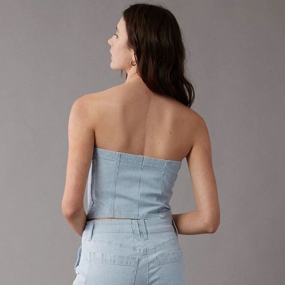 AE Light Blue Pin Stripe Vintage Wash Railroad Denim Cropped Spaghetti Top - Picture 4 of 17
